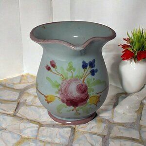 Vintage Italian Pottery Creamer Hand Painted Floral Numbered Blue 3" Italy